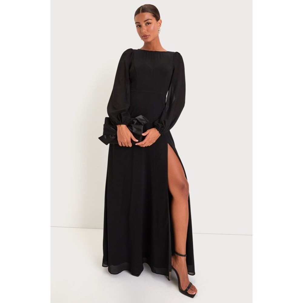 Lulus Prestigious Poise Black Backless Balloon Sleeve Maxi Dress - Size L